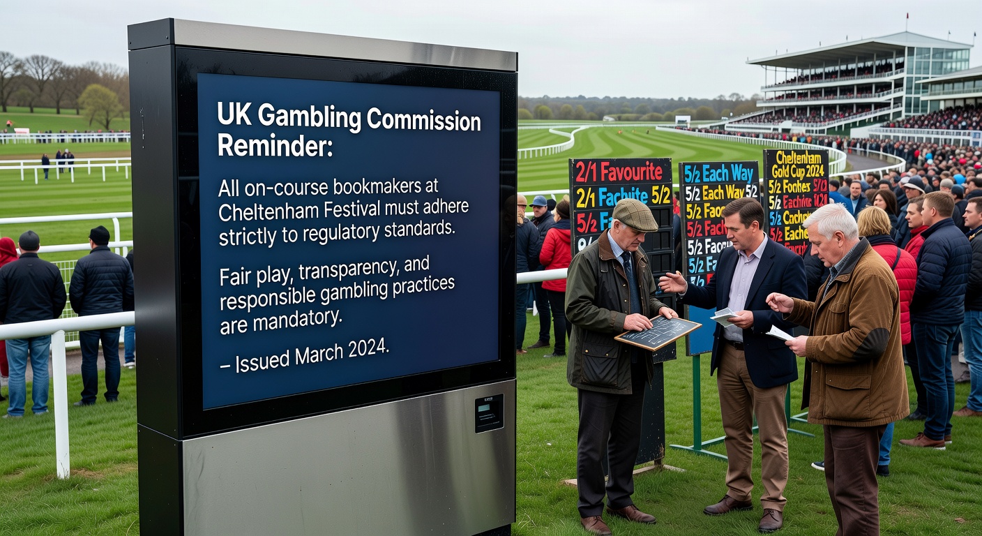 Close-up of regulatory documents and cash handling procedures at a bookmaker's stand, symbolizing compliance amid racing excitement
