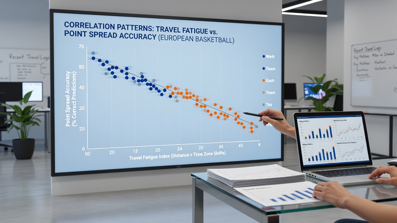 Graph displaying spread accuracy rates plotted against cumulative travel distance for multiple European leagues