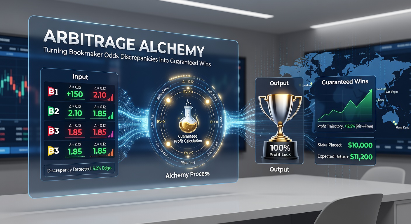 Close-up of a betting slip calculator displaying arbitrage stakes for a soccer match across three bookmakers, with profit highlighted