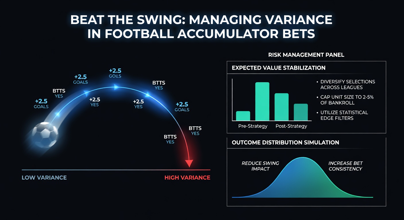 Infographic illustrating bankroll management techniques for accumulator betting, featuring Kelly Criterion formulas, diversification charts, and variance simulation graphs
