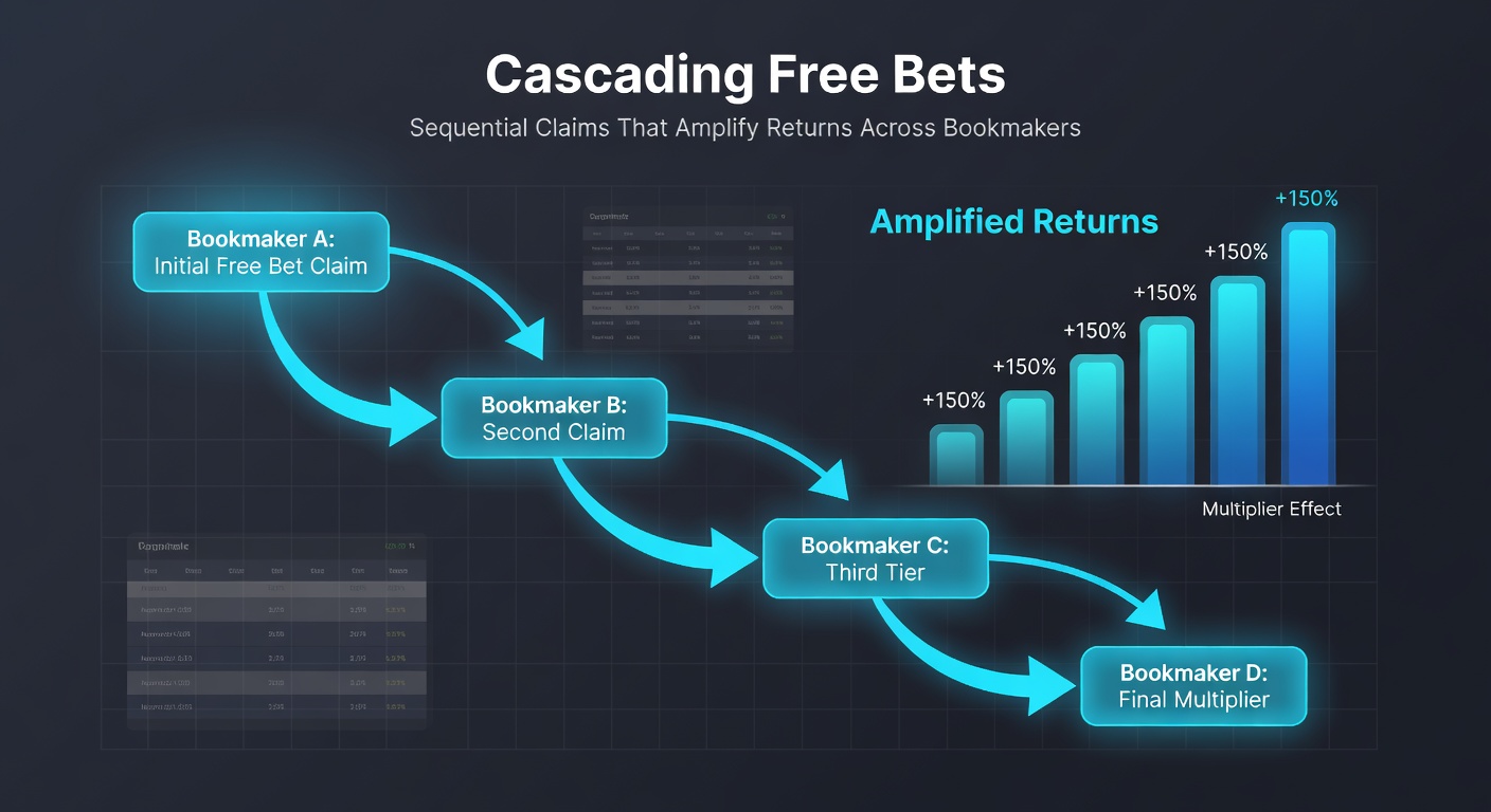 Infographic flowchart depicting a four-stage free bet cascade, with arrows showing fund flow from bookmaker to bookmaker amid soccer match icons