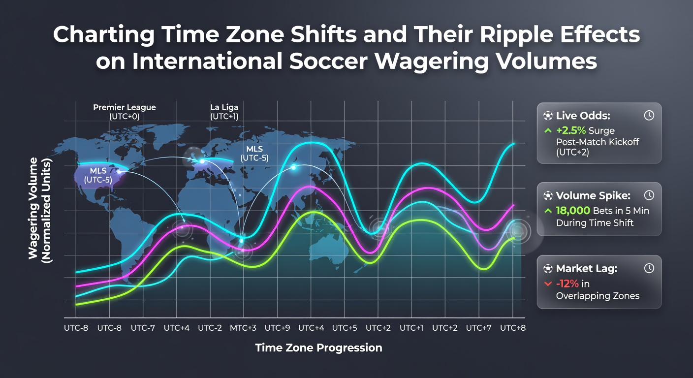 Global map illustrating soccer match times across different time zones with overlaid betting volume charts