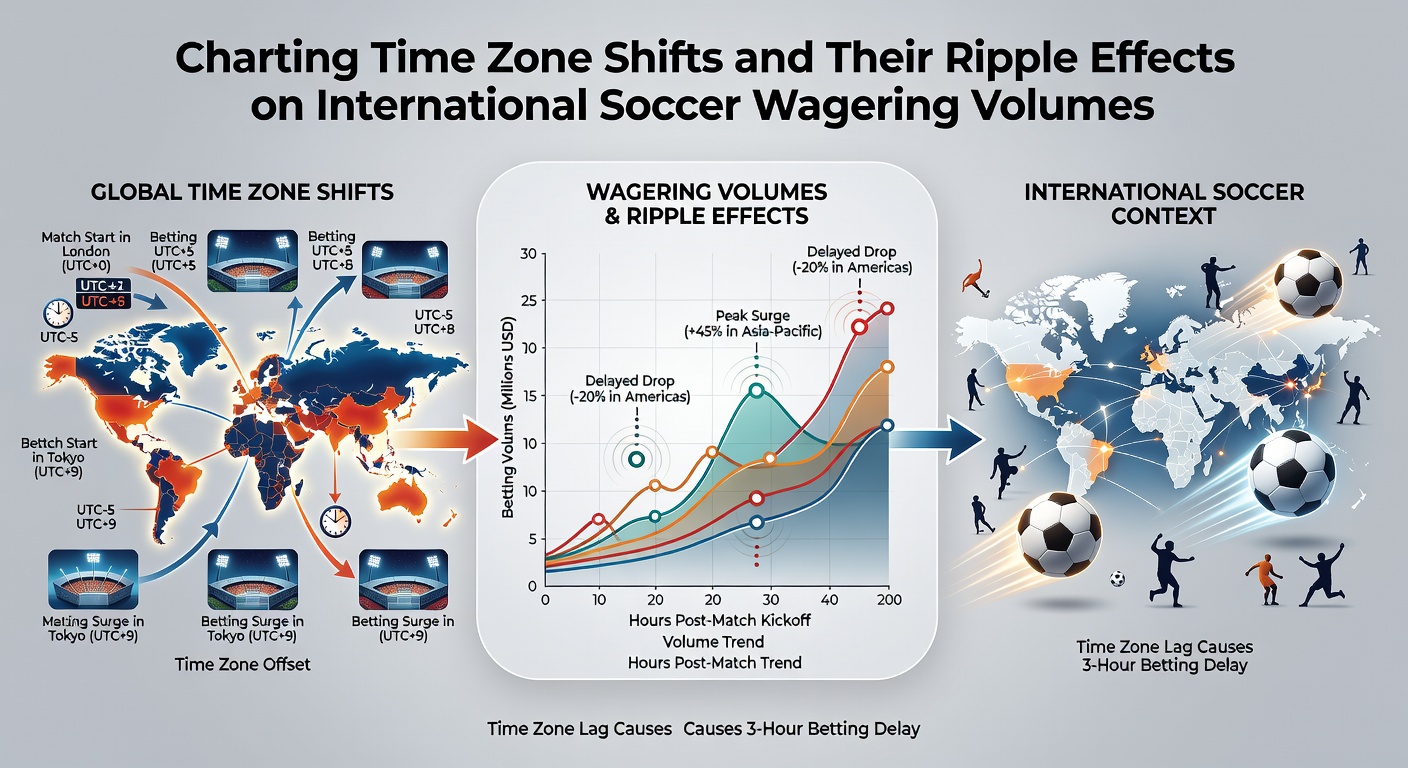 Graph showing wagering volume spikes aligned with soccer match start times across major global time zones