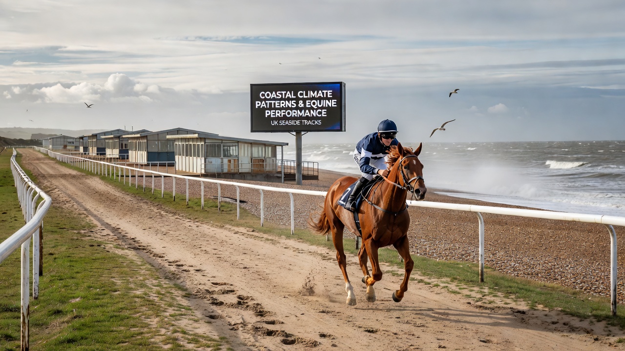 Racehorses competing at a British coastal track with sea visible in the background and wind affecting the turf