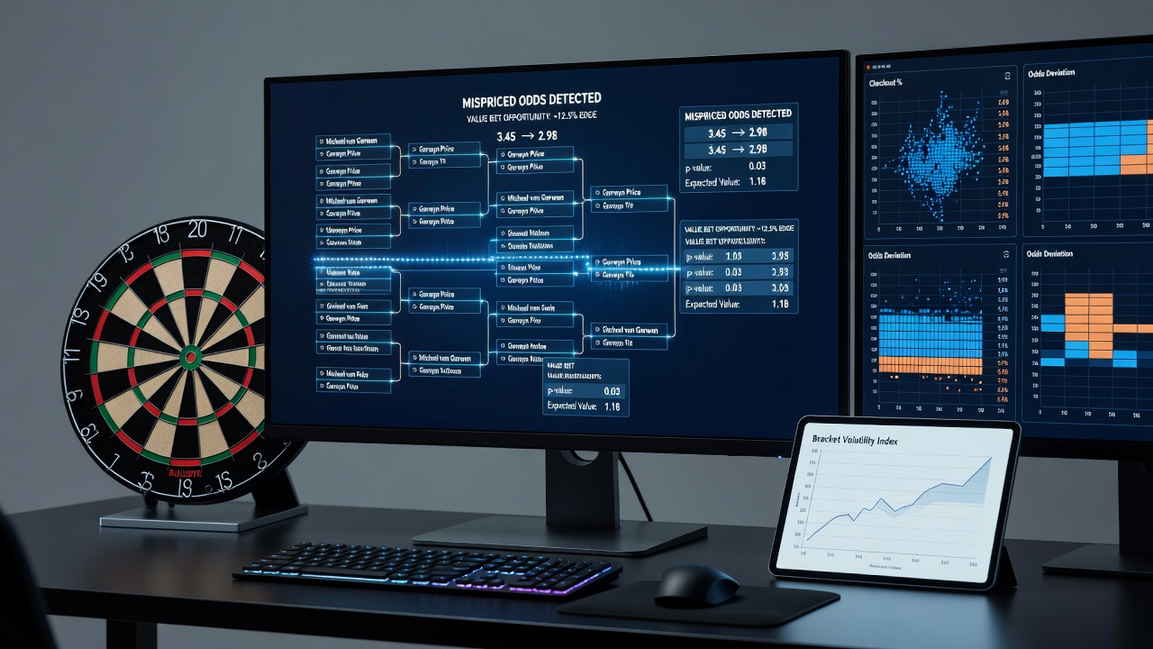Data visualization showing darts bracket analysis with player statistics and odds comparison charts