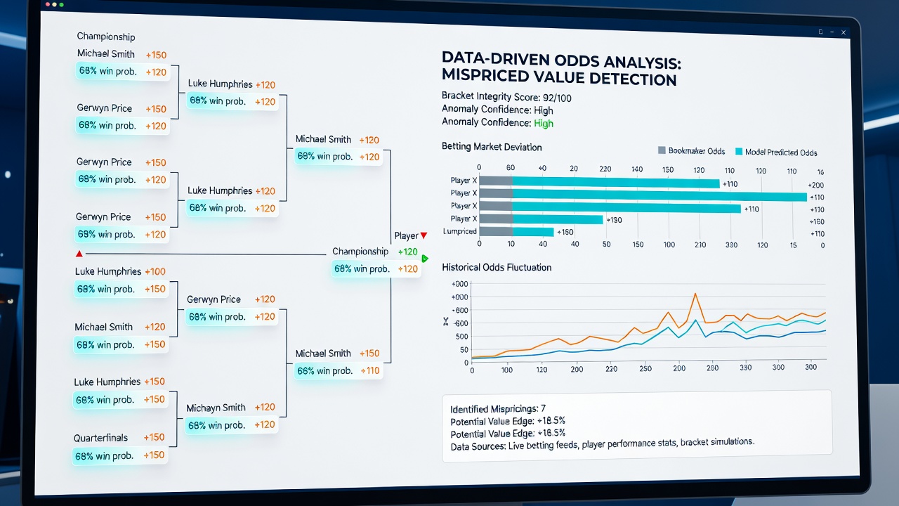 Darts player performance dashboard with bracket simulation outputs and odds deviation alerts