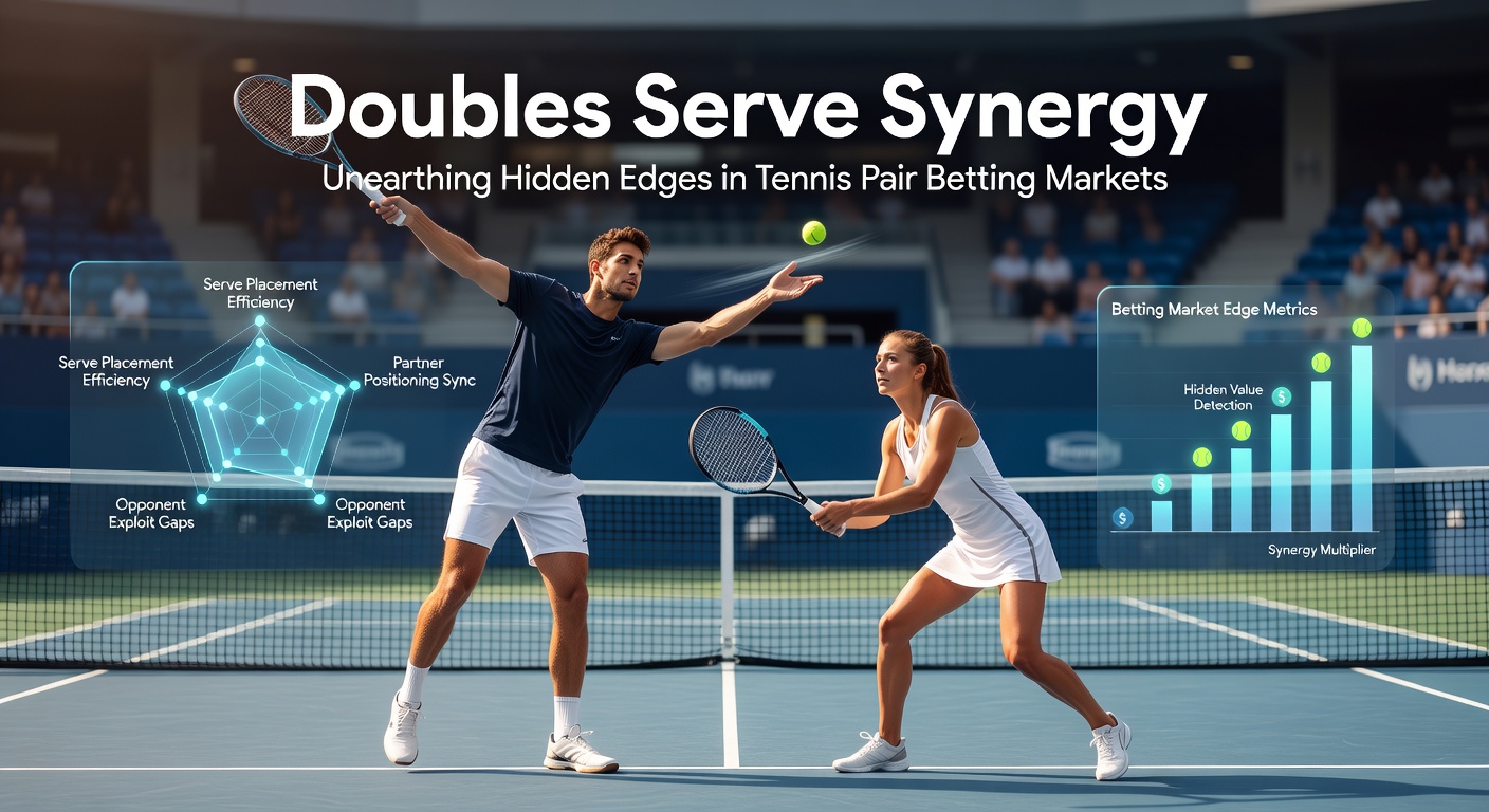 Close-up of a doubles team celebrating a crucial serve hold, with serve trajectories overlaid to illustrate synergy advantages