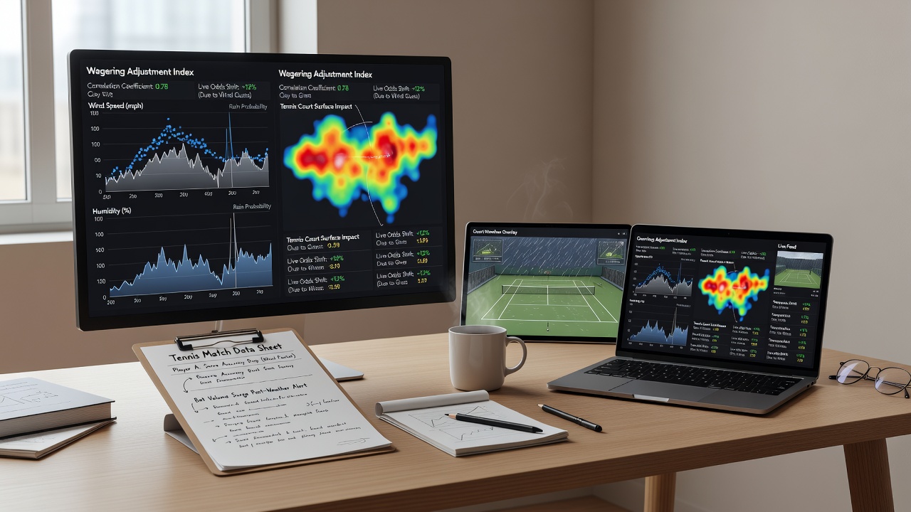 Detailed weather station data and tennis odds fluctuation charts displayed side by side