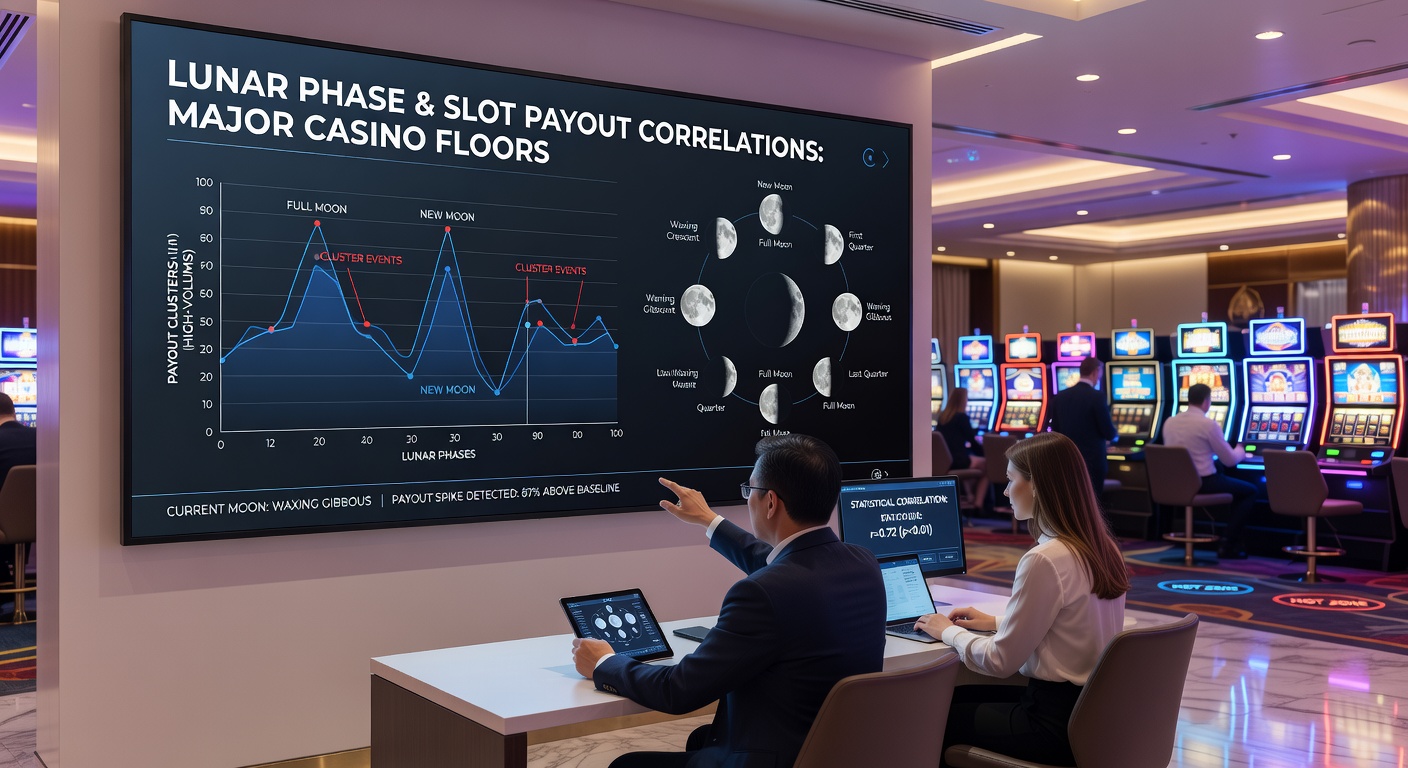 Analytical dashboard displaying graphs of slot payout data overlaid with lunar phase timelines from multiple casino properties