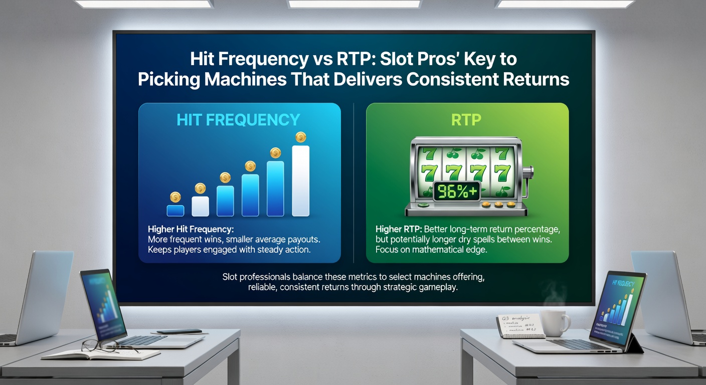 Infographic comparing bar charts of hit frequency percentages versus RTP lines across various slot games, illustrating balance points for pros