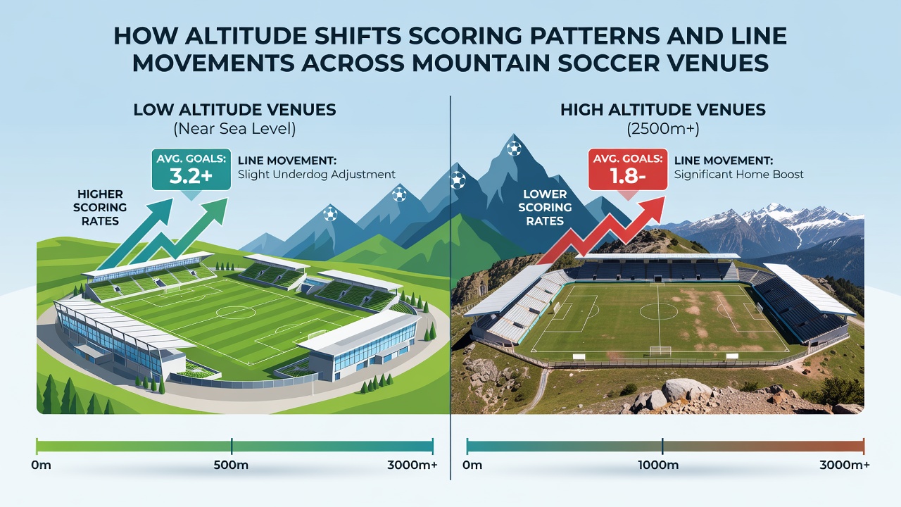 Betting odds board displaying line movements for soccer matches at high-altitude venues
