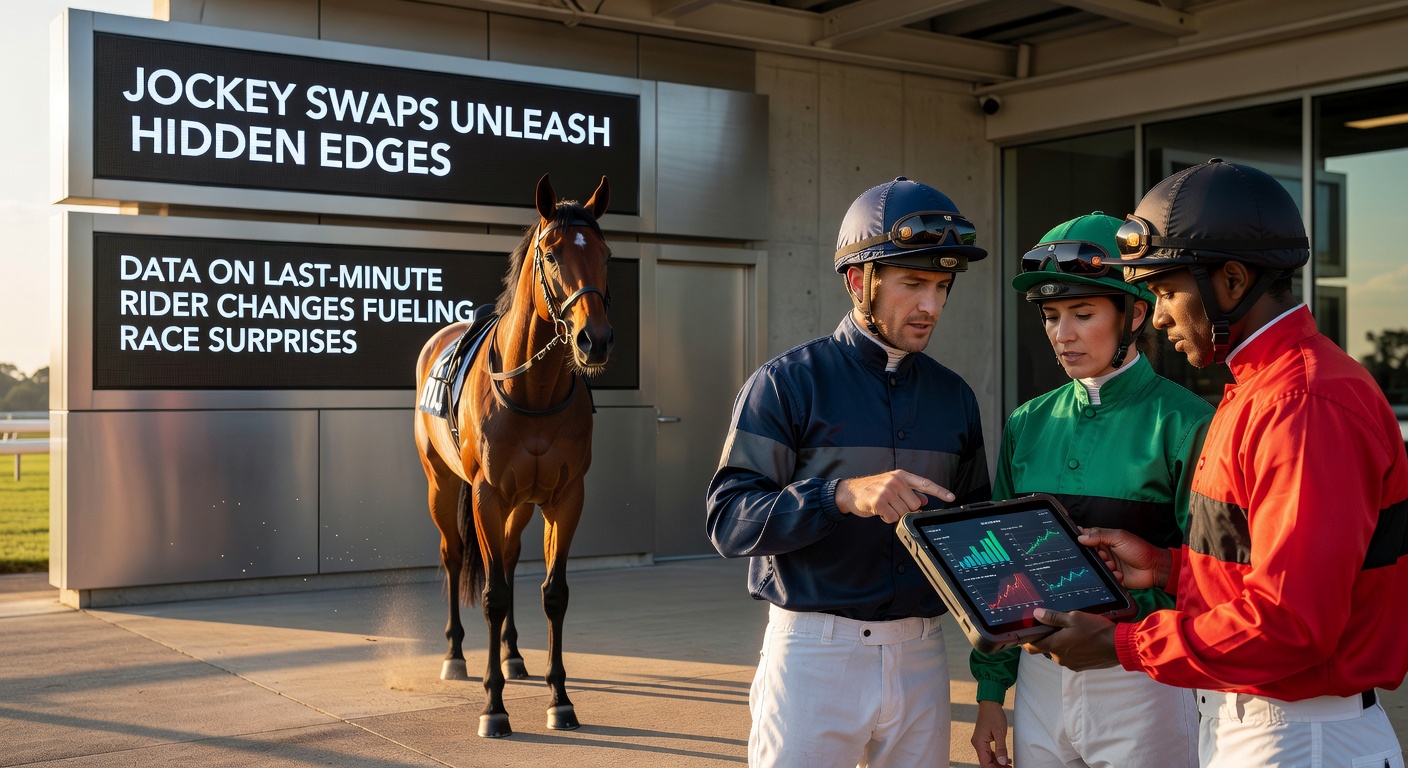 Close-up of a jockey mounting a horse in the paddock during a frantic last-minute swap, crowd buzzing in the background
