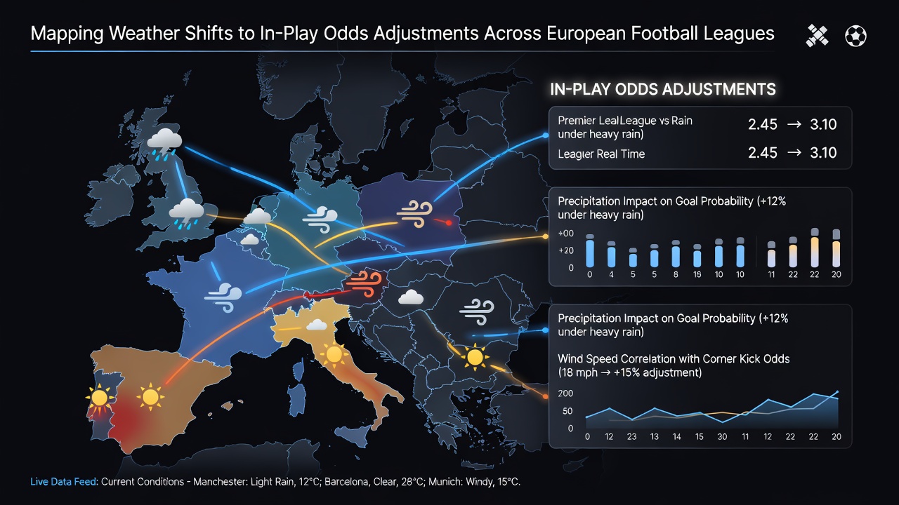 Live betting interface displaying shifting odds alongside weather radar overlay during a European league match