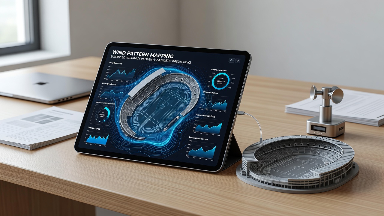 Detailed wind pattern mapping visualization over an athletic stadium showing directional flows and speed variations
