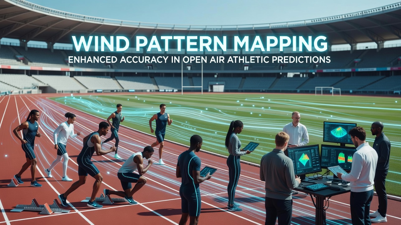 Athletes competing in a stadium with overlaid wind direction arrows and speed indicators illustrating real-time conditions