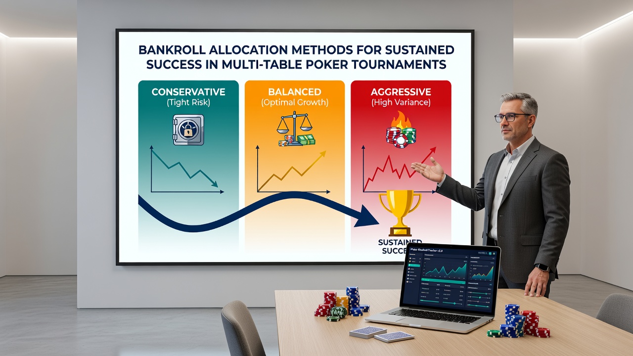 Detailed view of poker tournament software showing multiple tables and bankroll tracking tools