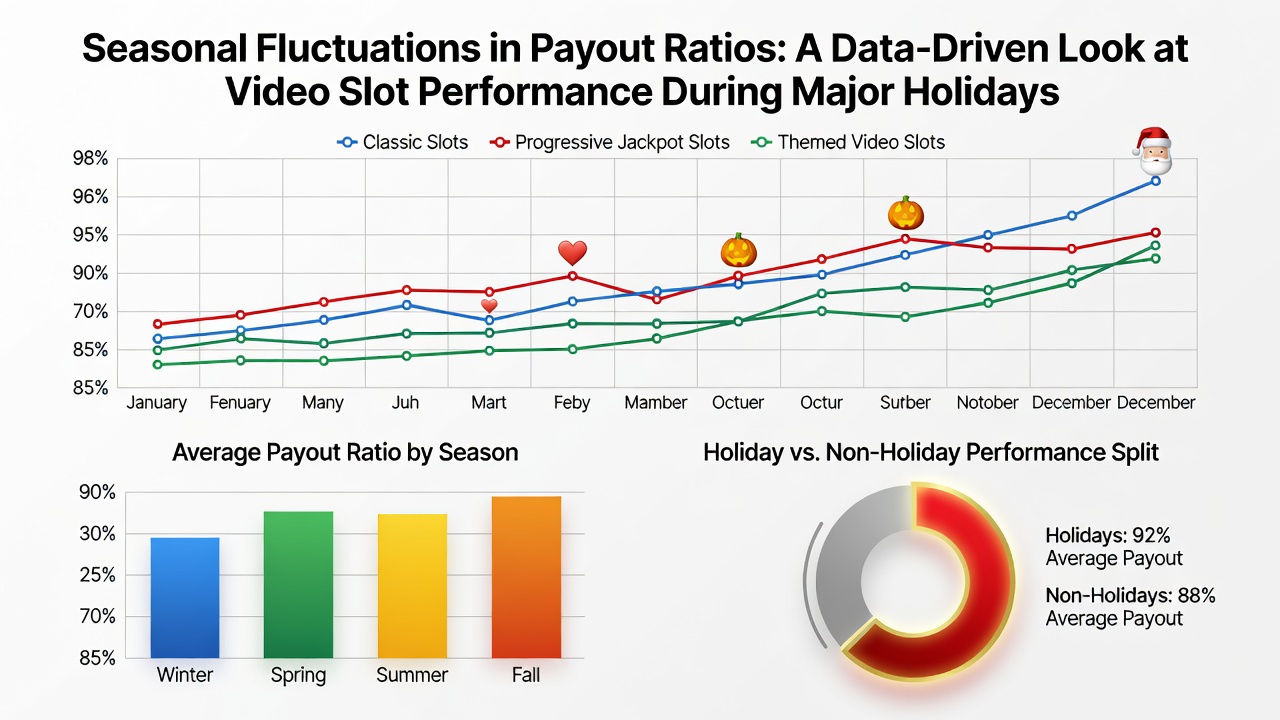 Charts comparing video slot performance metrics before, during, and after major holidays with payout ratio overlays