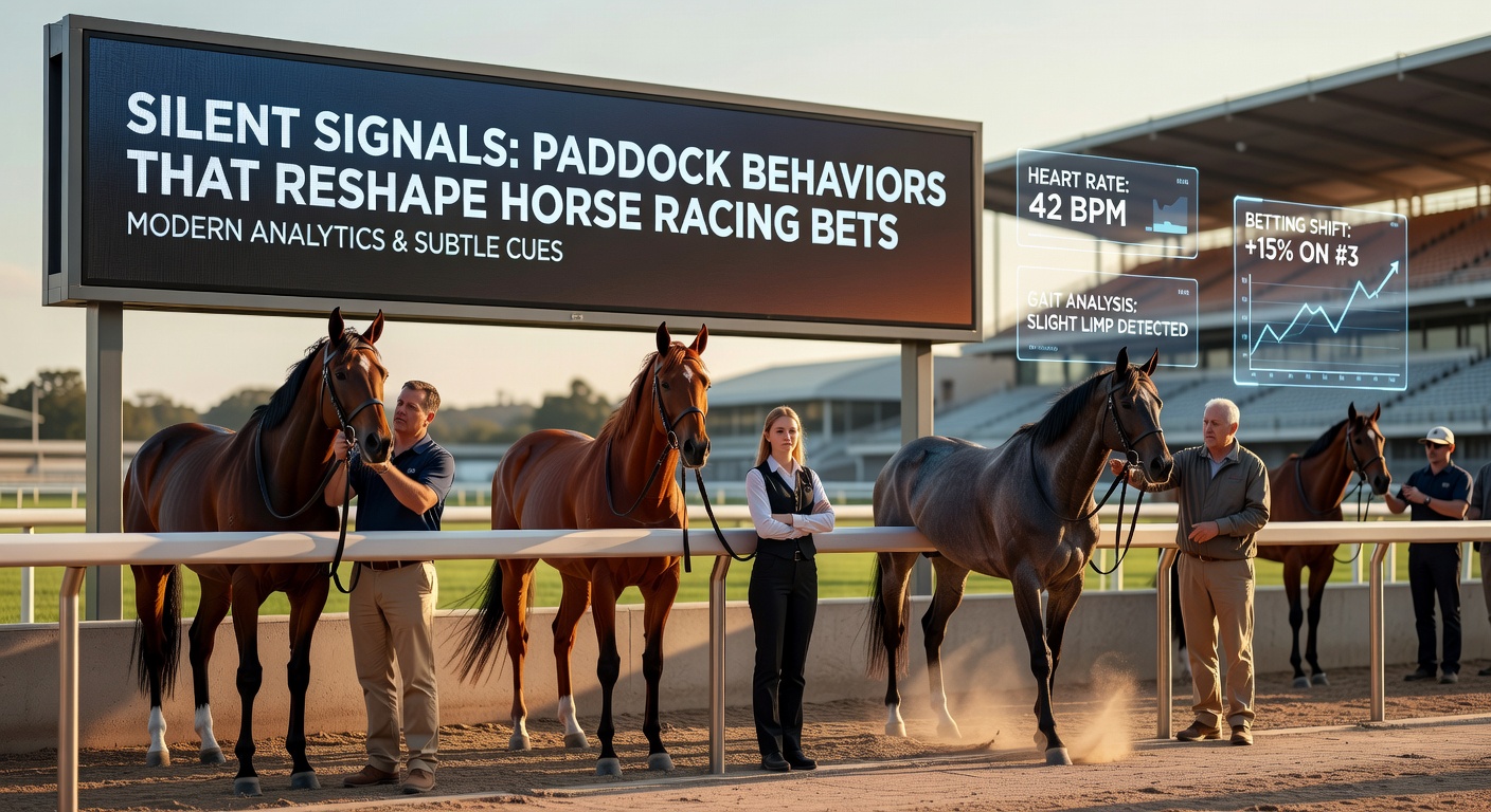 A horse in the paddock displaying subtle signs of tension through ear position and tail movement, observed by bettors and trainers