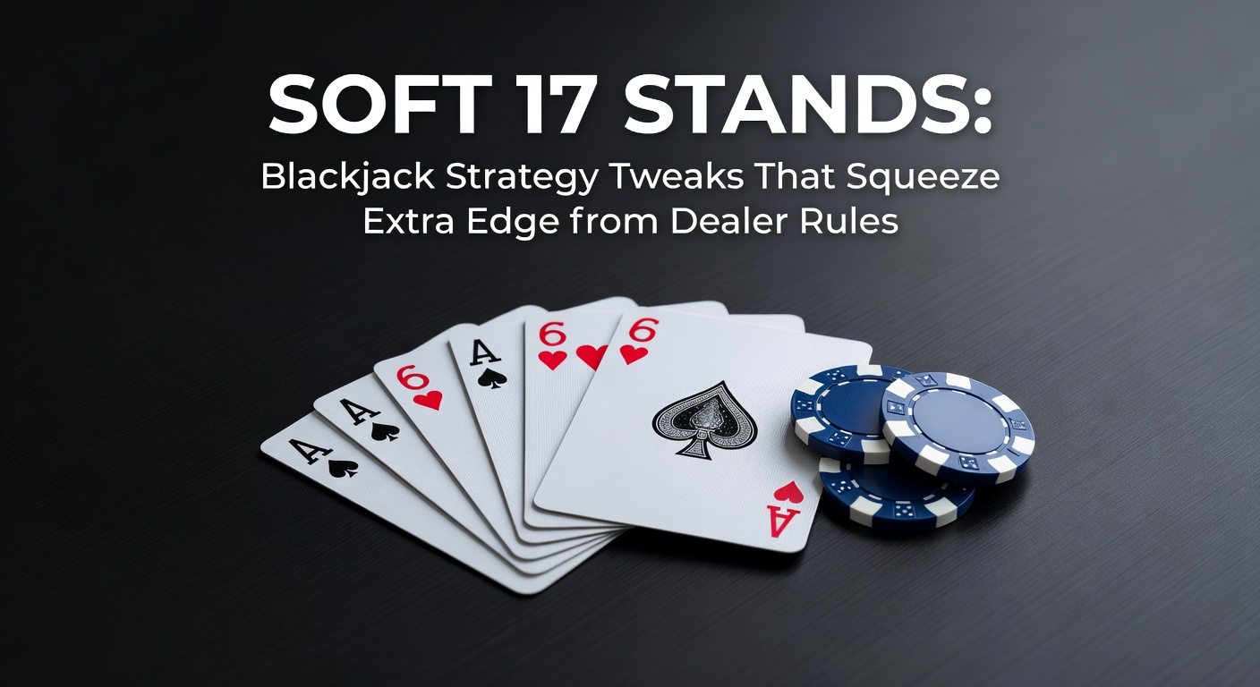 Blackjack table showing dealer hand with soft 17, ace and six cards visible under casino lights