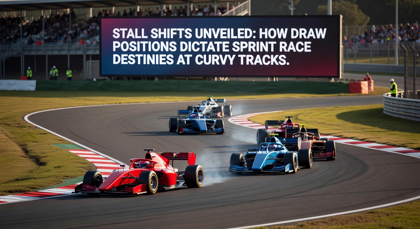 Horses bursting from stalls at a tight, curving sprint track, highlighting the advantage of low-drawn positions hugging the rail