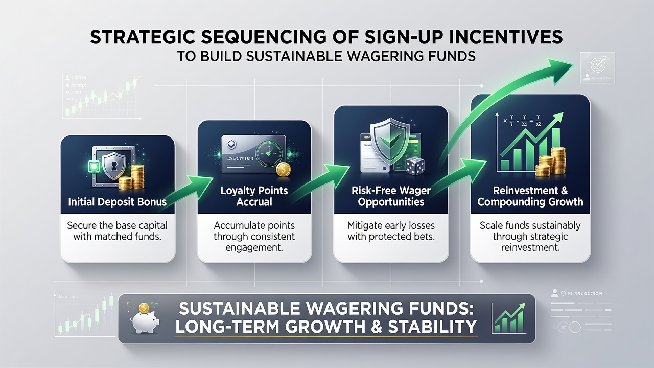 Timeline chart illustrating sequenced bonus claims across betting sites with rollover milestones