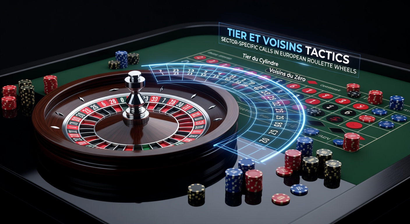 Close-up of a European roulette wheel highlighting the sector layout for Tier and Voisins bets, with numbered pockets illuminated