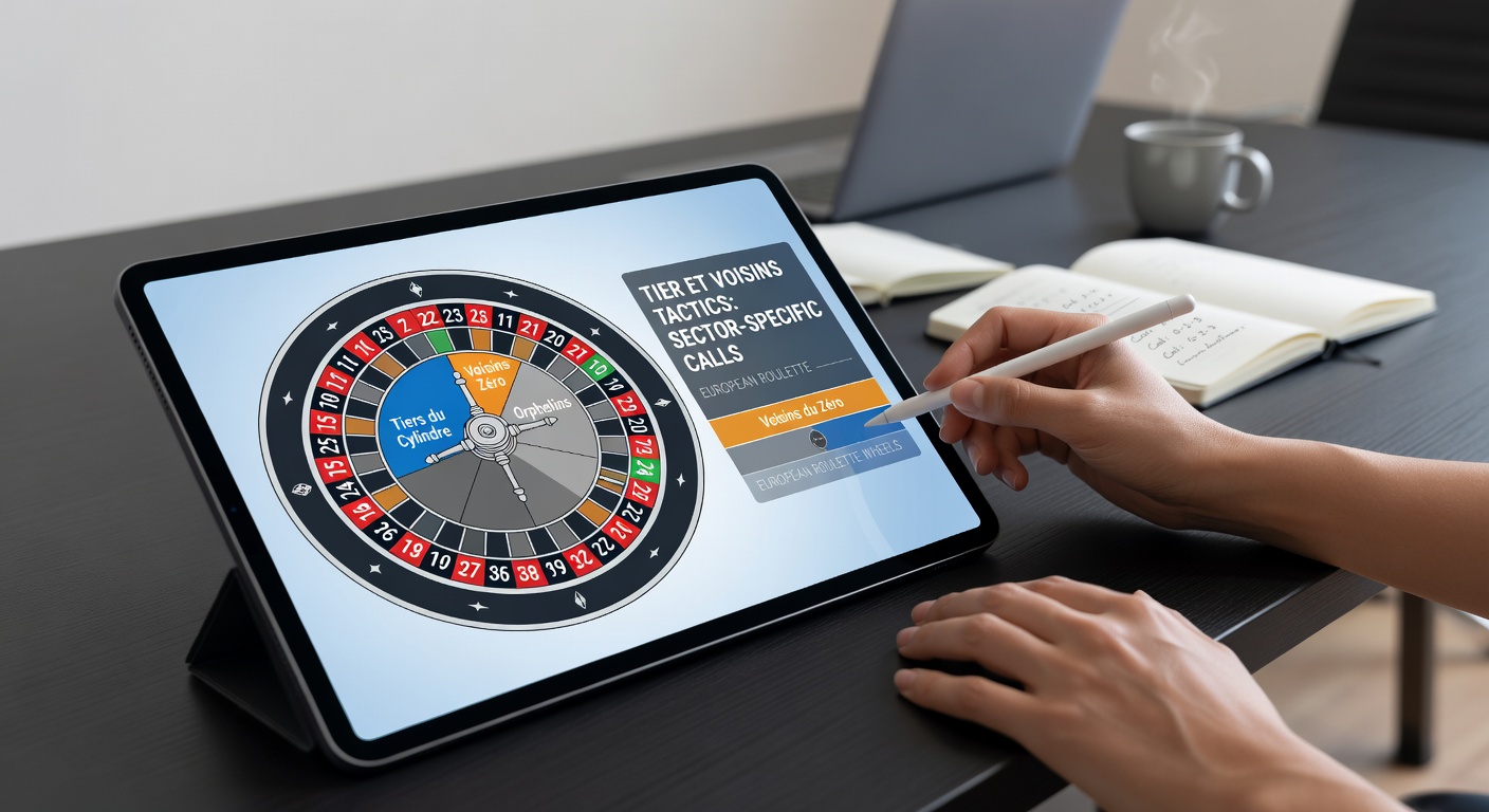 Detailed diagram overlay on a European roulette wheel marking the Voisins du Zero sector in red, showing the nine-chip bet placement pattern