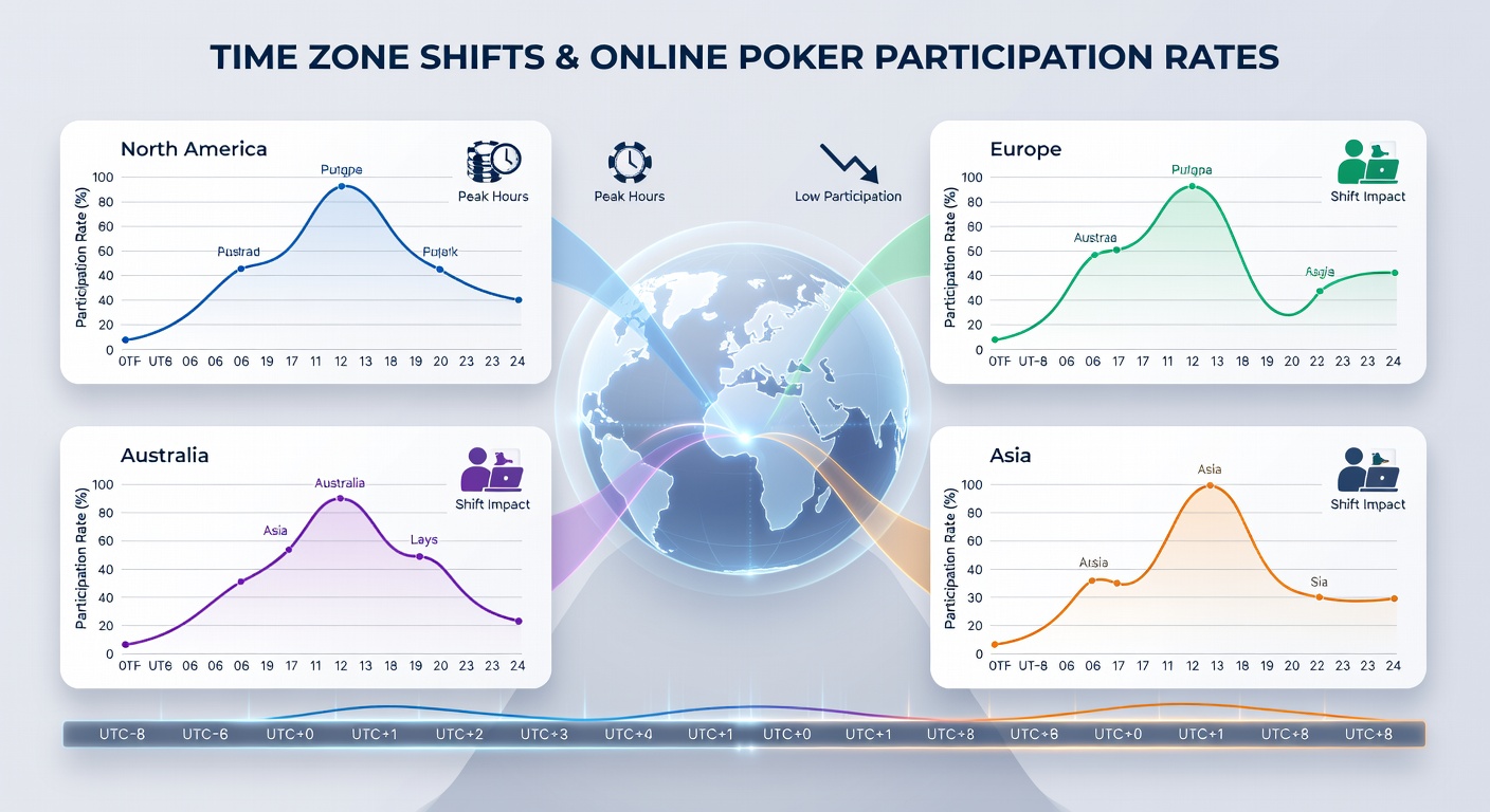Graph displaying participation rate fluctuations by continent during different time zone alignments in poker tournaments