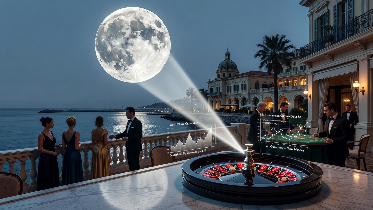 Roulette wheel in a Mediterranean casino with moonlight filtering through windows during data collection for lunar phase analysis