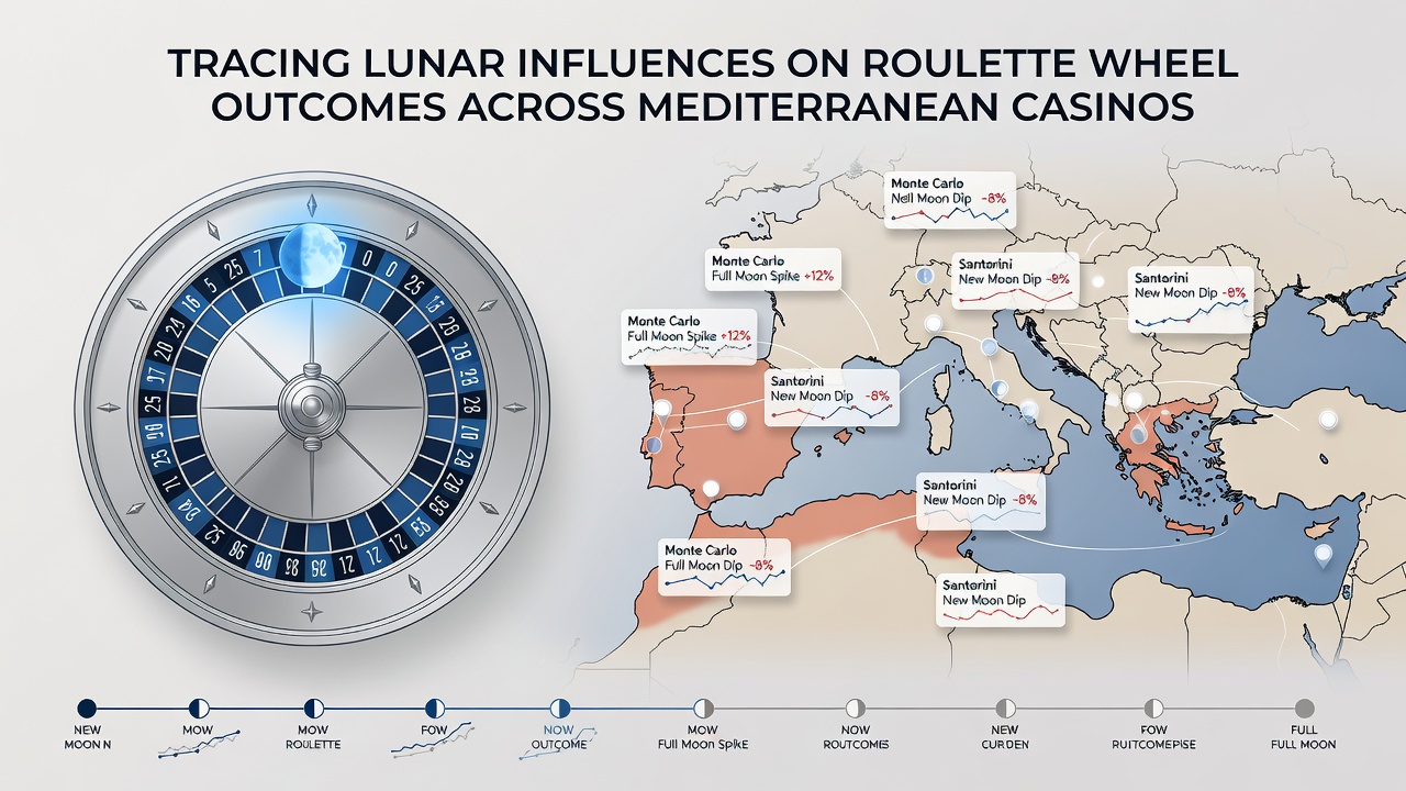 Statistical charts and lunar phase diagrams overlaid on Mediterranean casino floor plans during 2026 research review