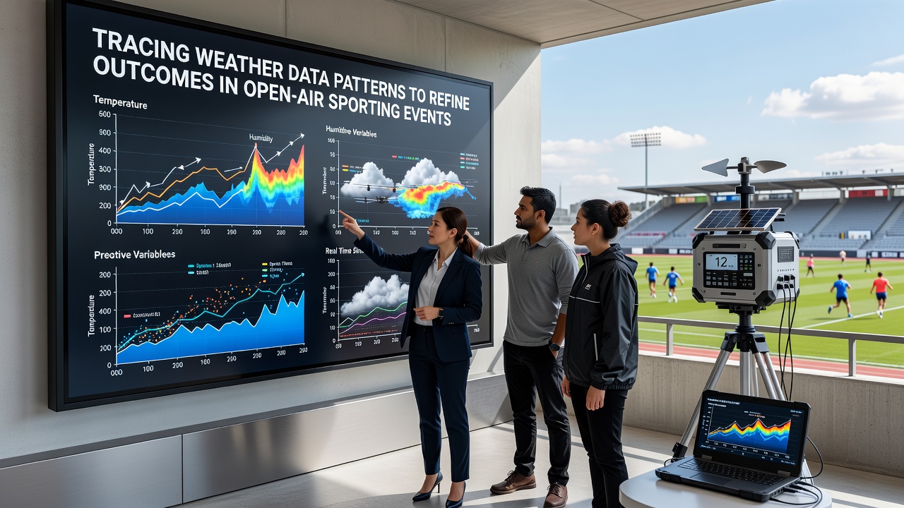 Satellite imagery and weather station data overlay showing atmospheric patterns over a sports stadium