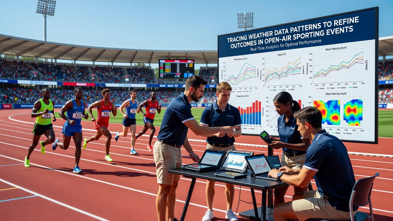 Data visualization dashboard displaying wind speed, temperature and precipitation forecasts overlaid on a sports field layout