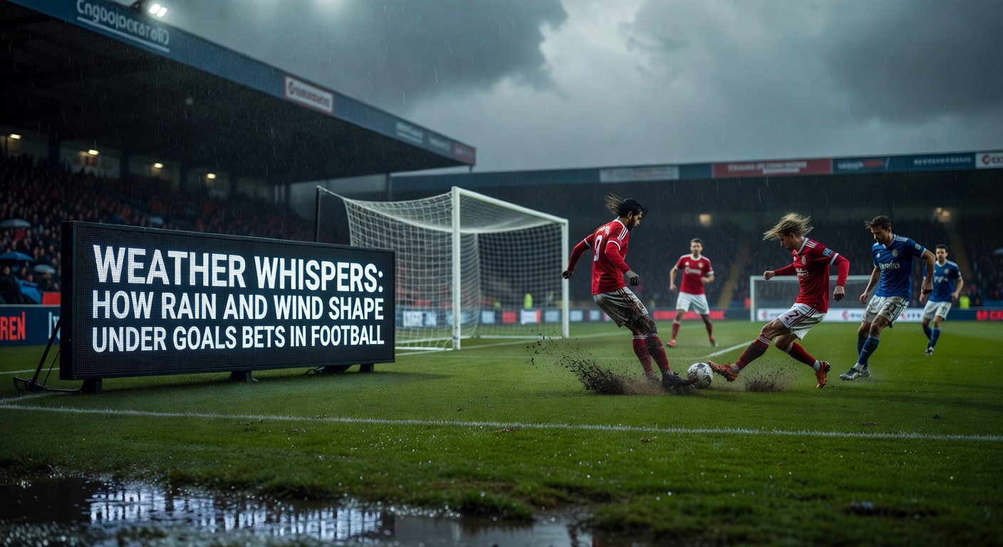 A football pitch slick with rain under stormy skies, players sliding through puddles during a match
