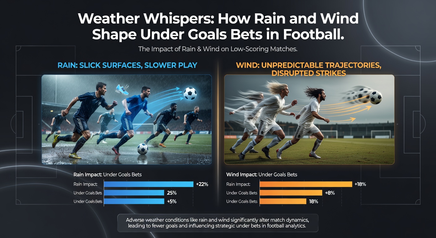Wind-swept football players battling elements on a blustery pitch, ball visibly affected mid-air